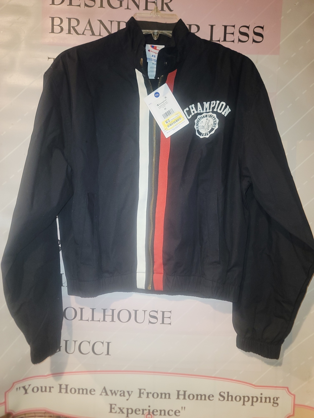 Champion Woman's Black Zip Jacket with Red & White Center Stripes